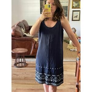 Neiman Marcus Navy Linen Embroidered Shift Midi Dress Size Small
